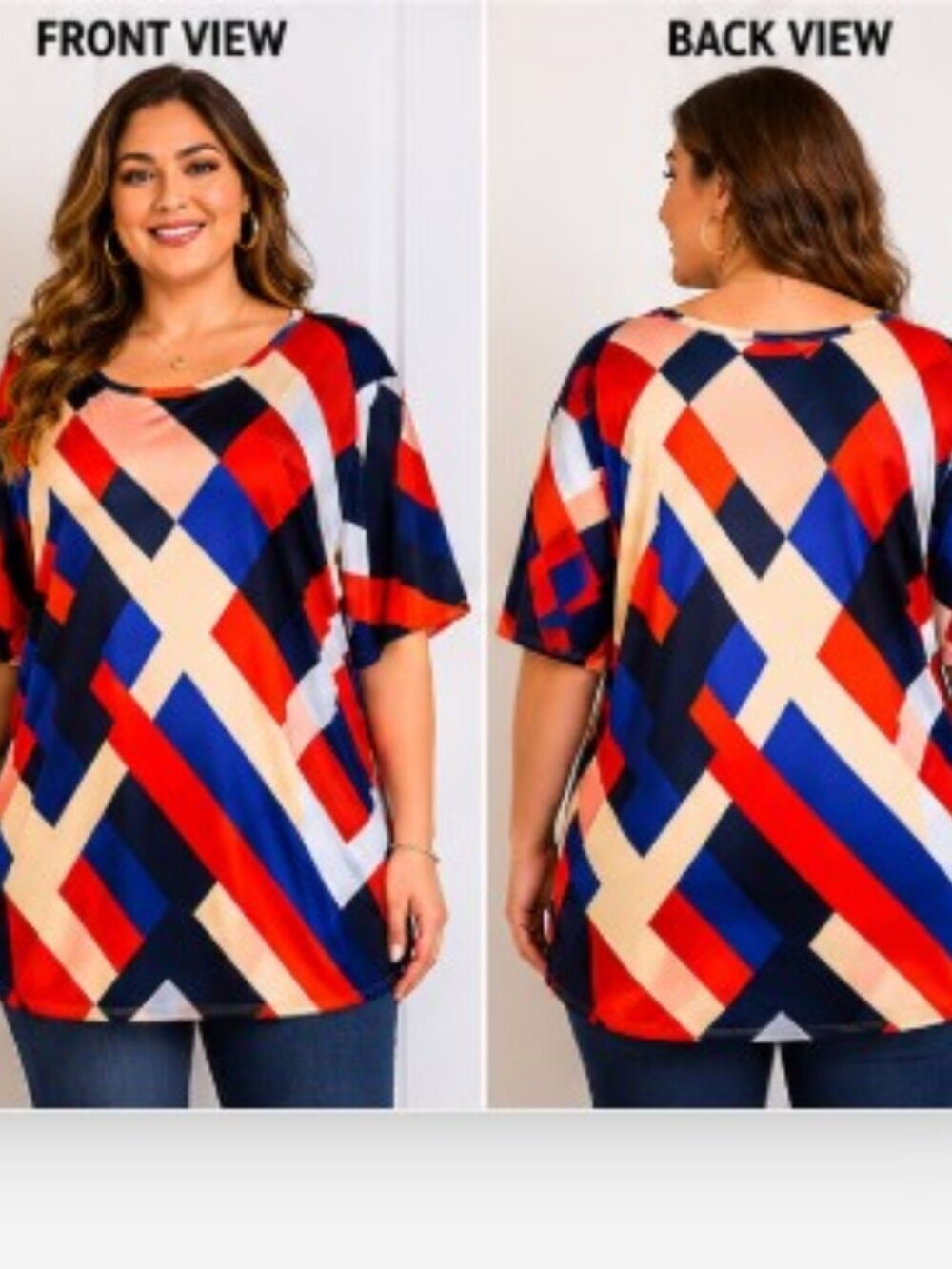 Beyond This Place 2X Colorblock Tunic Top Geometric Art Deco Print Elbow Sleeve - Picture 1 of 12